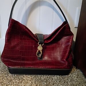Dooney & Bourke Burgundy Croc-Embossed Shoulder Bag with Black Trim